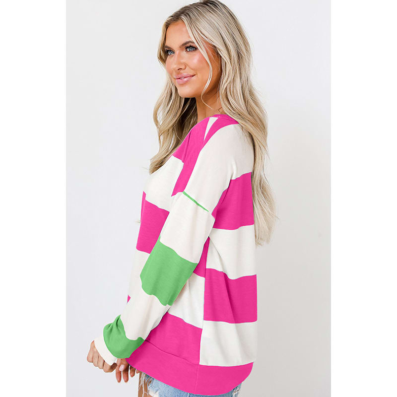 Spring Striped Drop-shoulder Long-sleeve Color Contrast Patchwork Pullover view 5