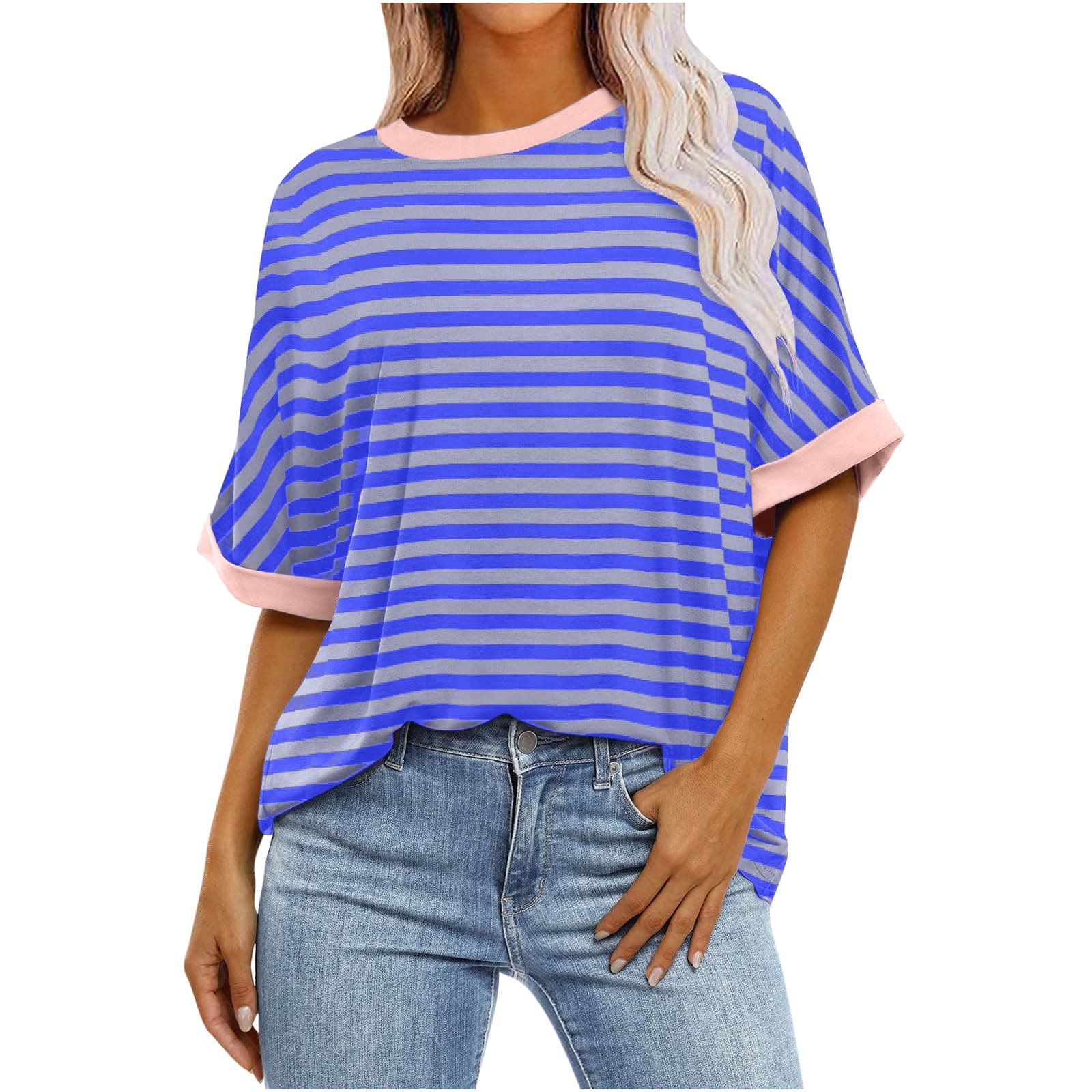 Women's Striped Printed Loose Color Matching Short Sleeve view 4
