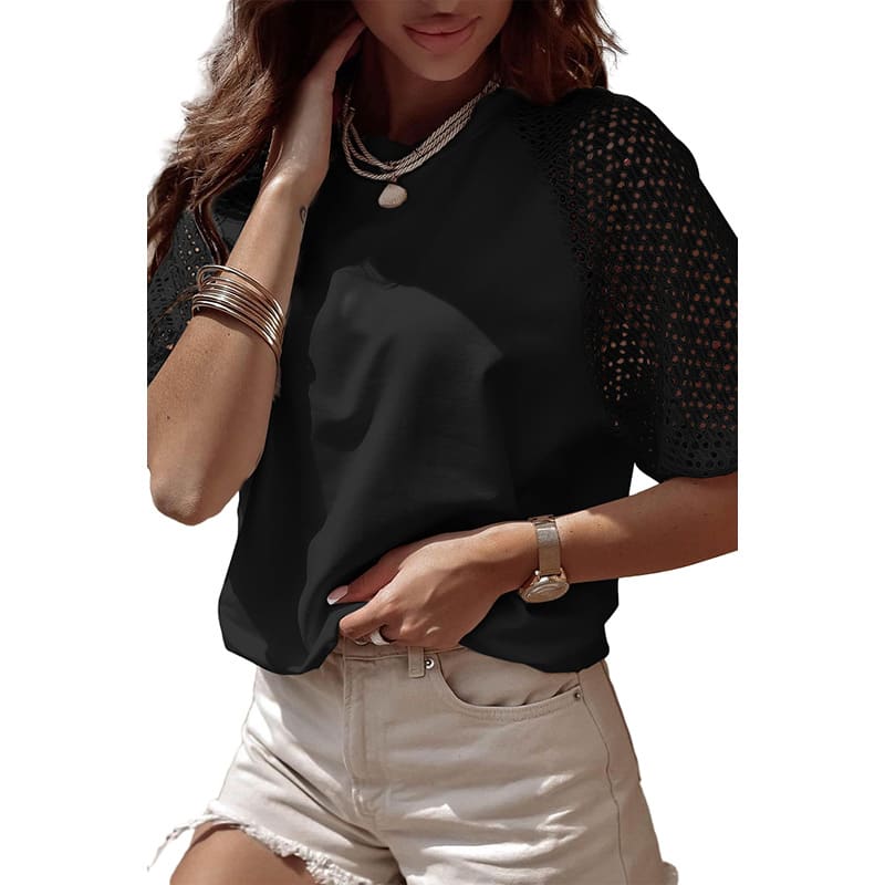Women's Solid Color Casual Style Lace Stitching Loose Short Sleeve view 3