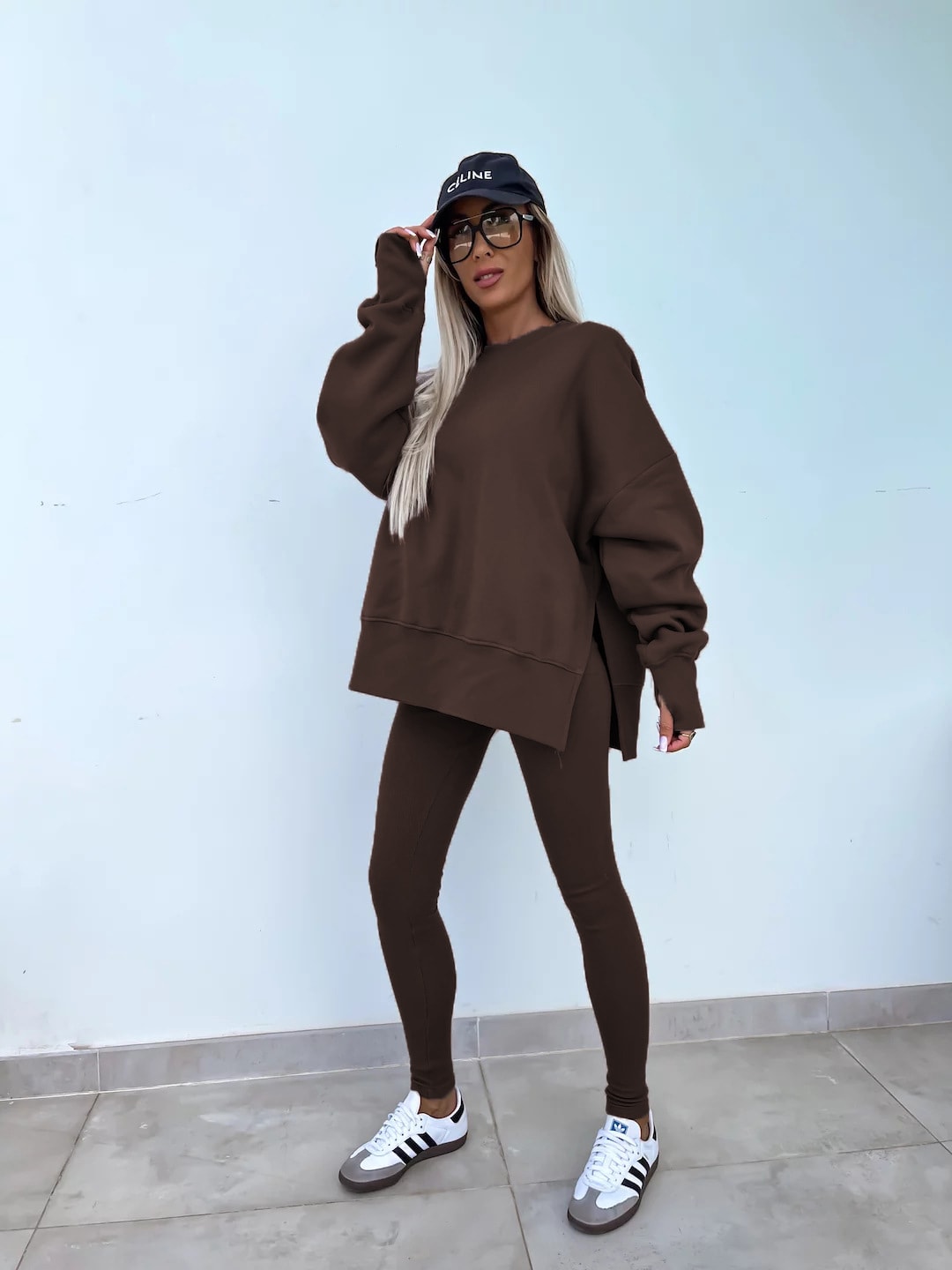 Sweater Suit Women's Casual Loose Long Sleeve Crew Neck Split Top Tight Trousers view 36
