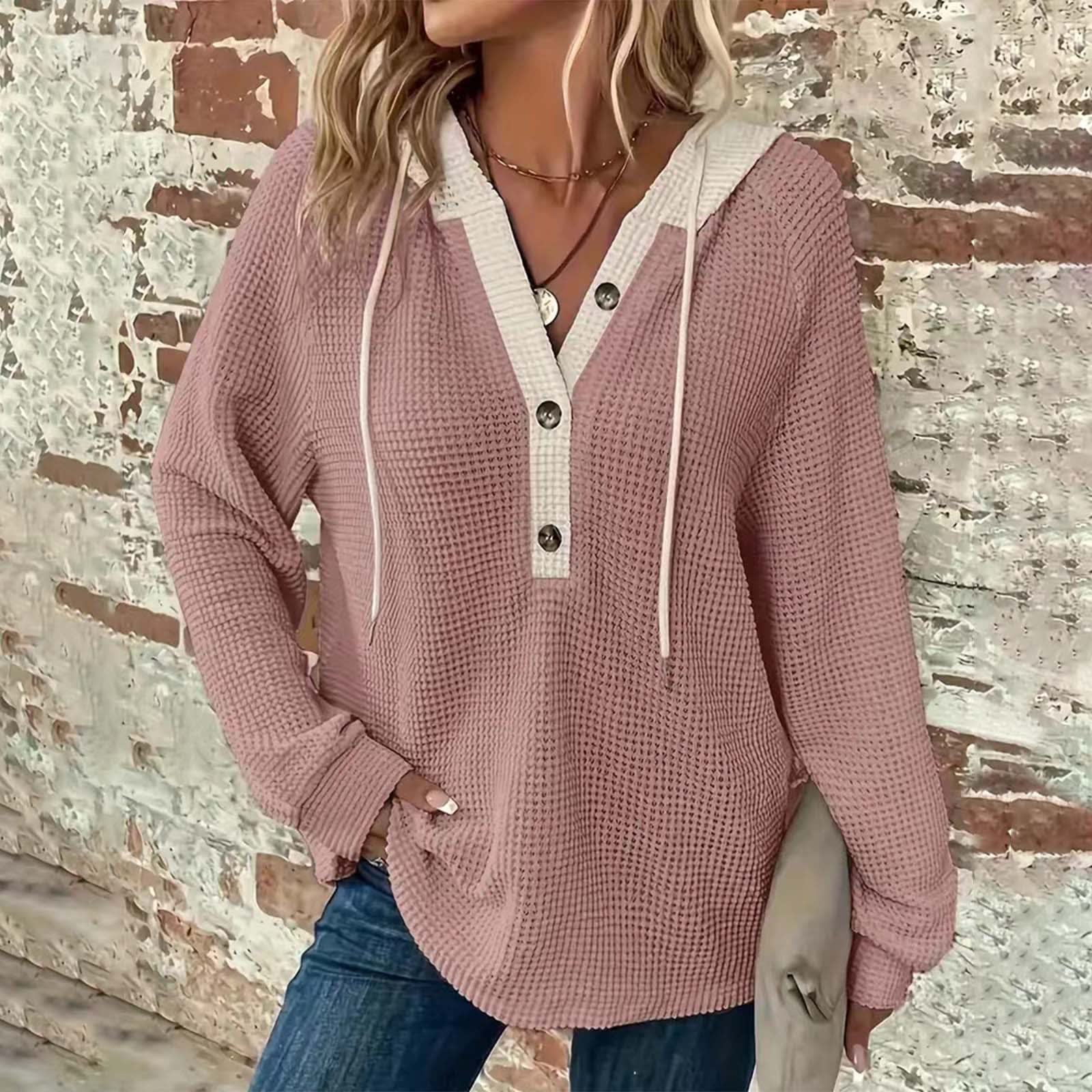 Women's Solid Color Waffle Hooded Button Loose Long Sleeve Sweatershirt view 11