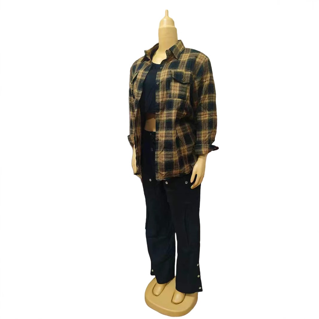 Women's Fashion Casual Simple Plaid Shirt Multi-pocket Cargo Pants Plus Size Three-piece Suit