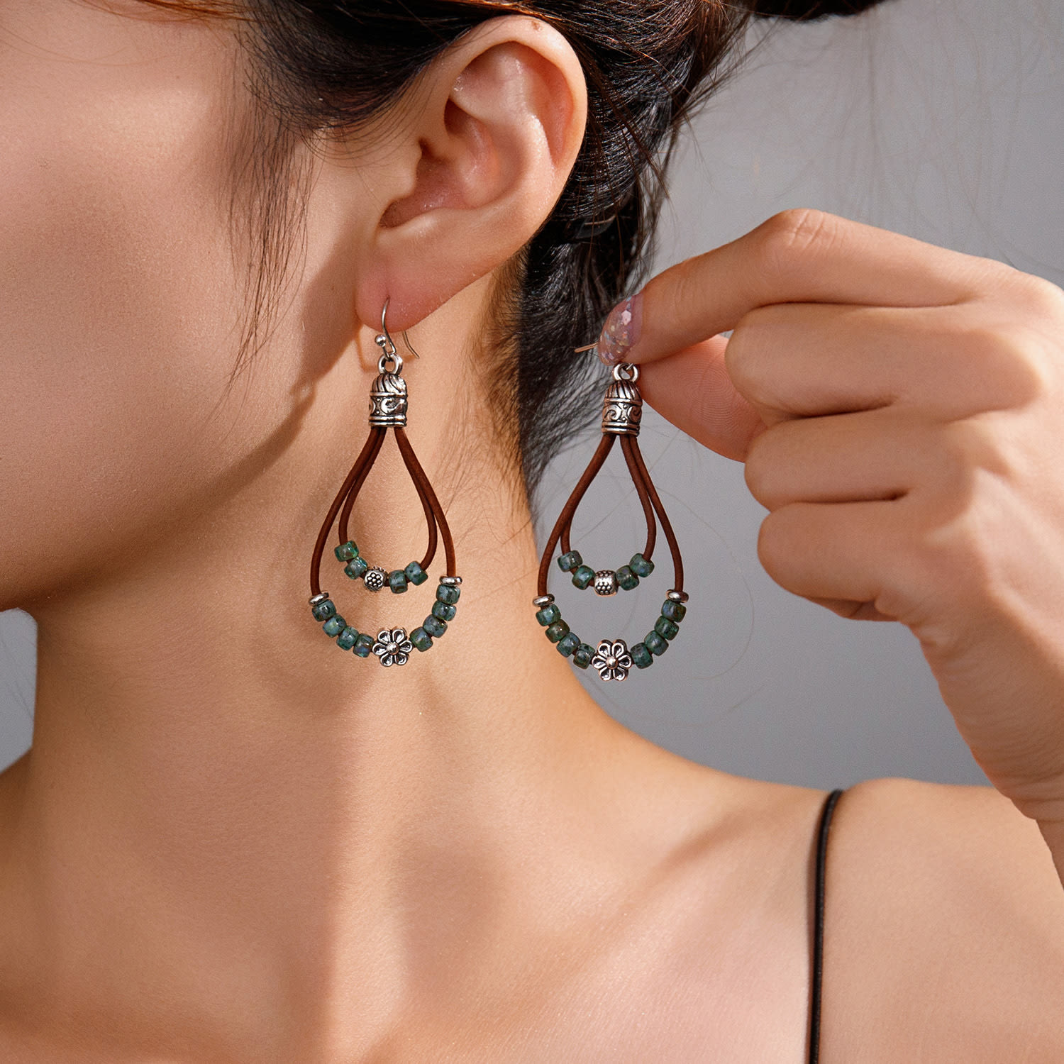 Vintage Earrings Ethnic Style Antique Silver Flower Turquoise Rope Pendant Women's Jewelry view 21