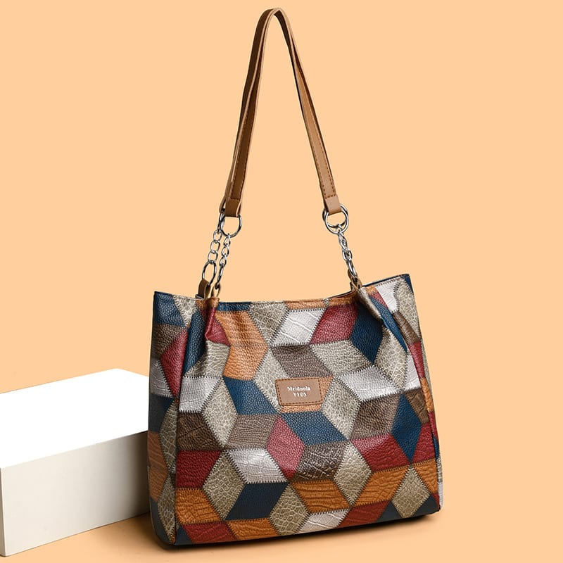 Retro Geometric Pattern Color-matching Shoulder Bag Fashion Large Capacity Stitching Handbag For Women Totes view 7