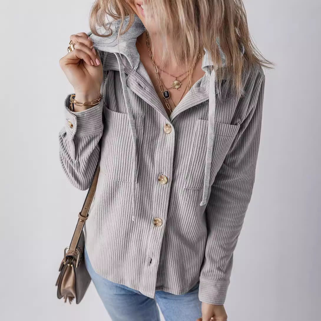 Lapel Buckle Cardigan Pouch Hooded Drawstring Striped Coat view 8