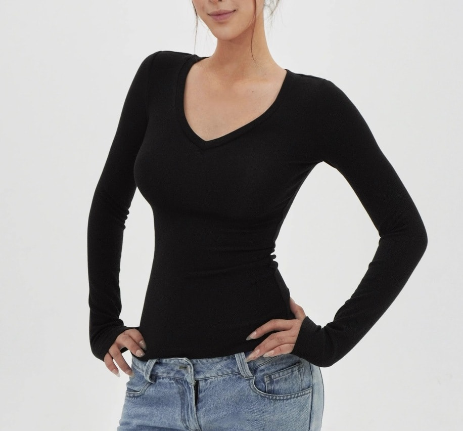American Hot Girl Delicate V-neck Shoulder Long Sleeve T-shirt view 1