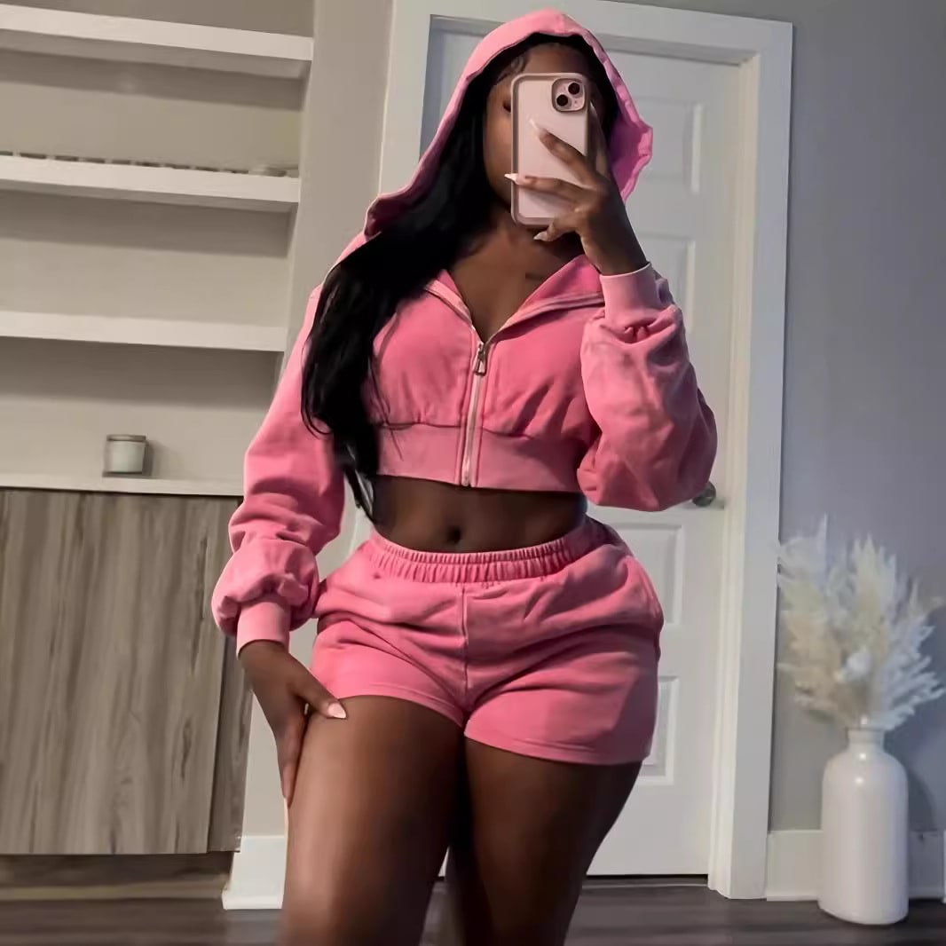 Autumn And Winter Zipper Hooded Long Sleeve Shorts Sweater Suit view 4