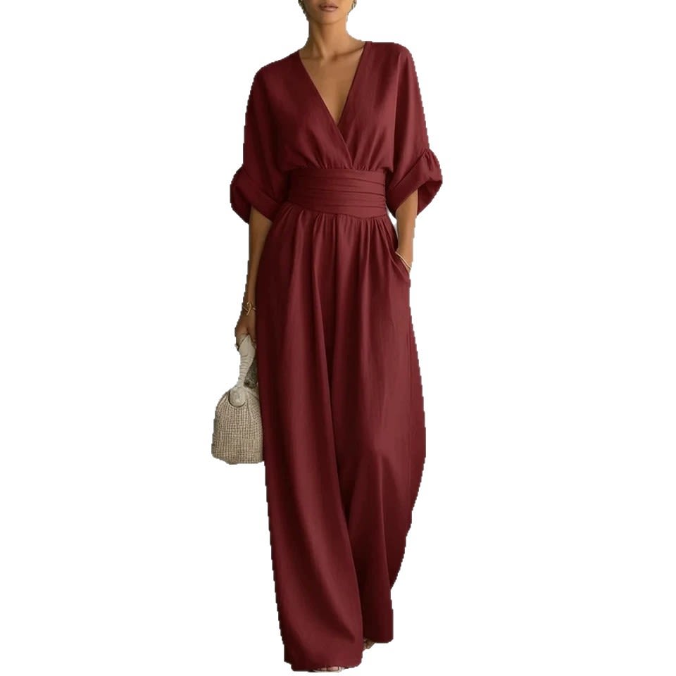 Summer Short-sleeved Jumpsuit Fashion Casual V-Neck Wide-Leg Pants Womens Clothing view 2