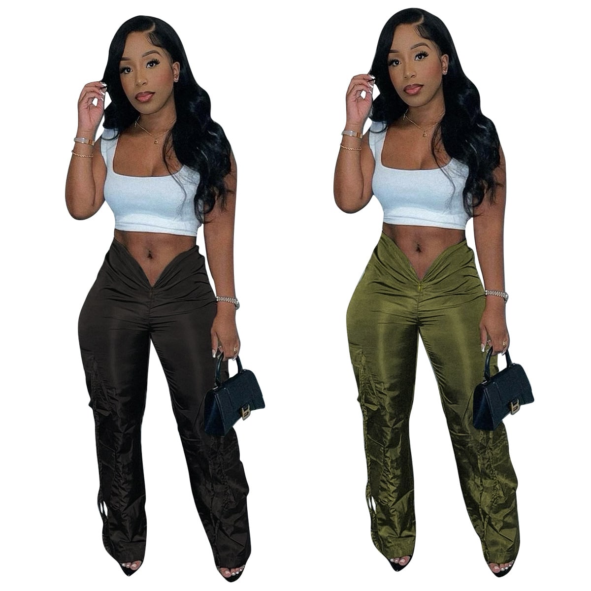 Women's Zipper Closure Strap Solid Color Green Casual Trousers view 2