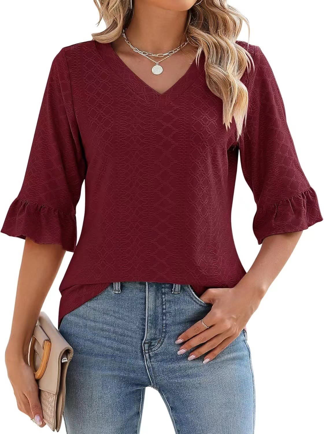 Women's Printed Hollow Ruffle Sleeve Casual Short-sleeved Top view 11