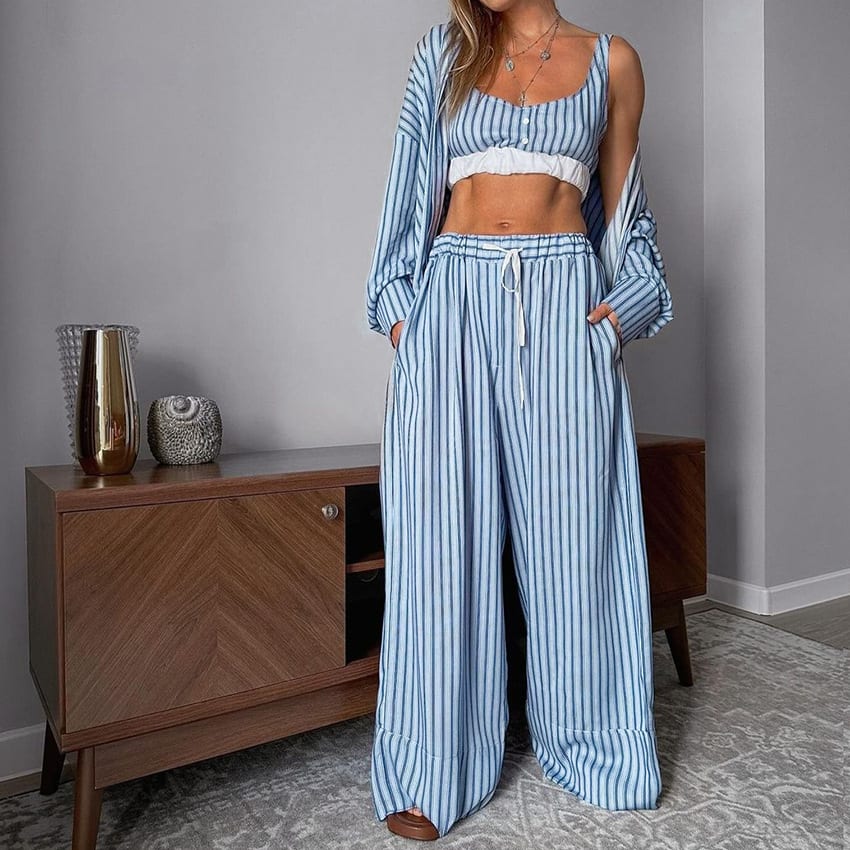 Women's 3 Piece Suit  Y2K Aesthetic Striped Tank Top Long Sleeve Shirt And Elastic Waist Stretch Trousers For Casual Wear view 6