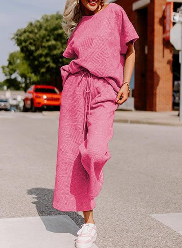 Solid Color Texture Casual Fashion Women's Wear Short-sleeved Trousers Two-piece Set view 3