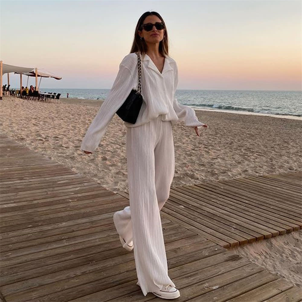 Pleated Design Shirt Outfit Straight-leg Trousers Loose Drooping Two-piece Set view 8