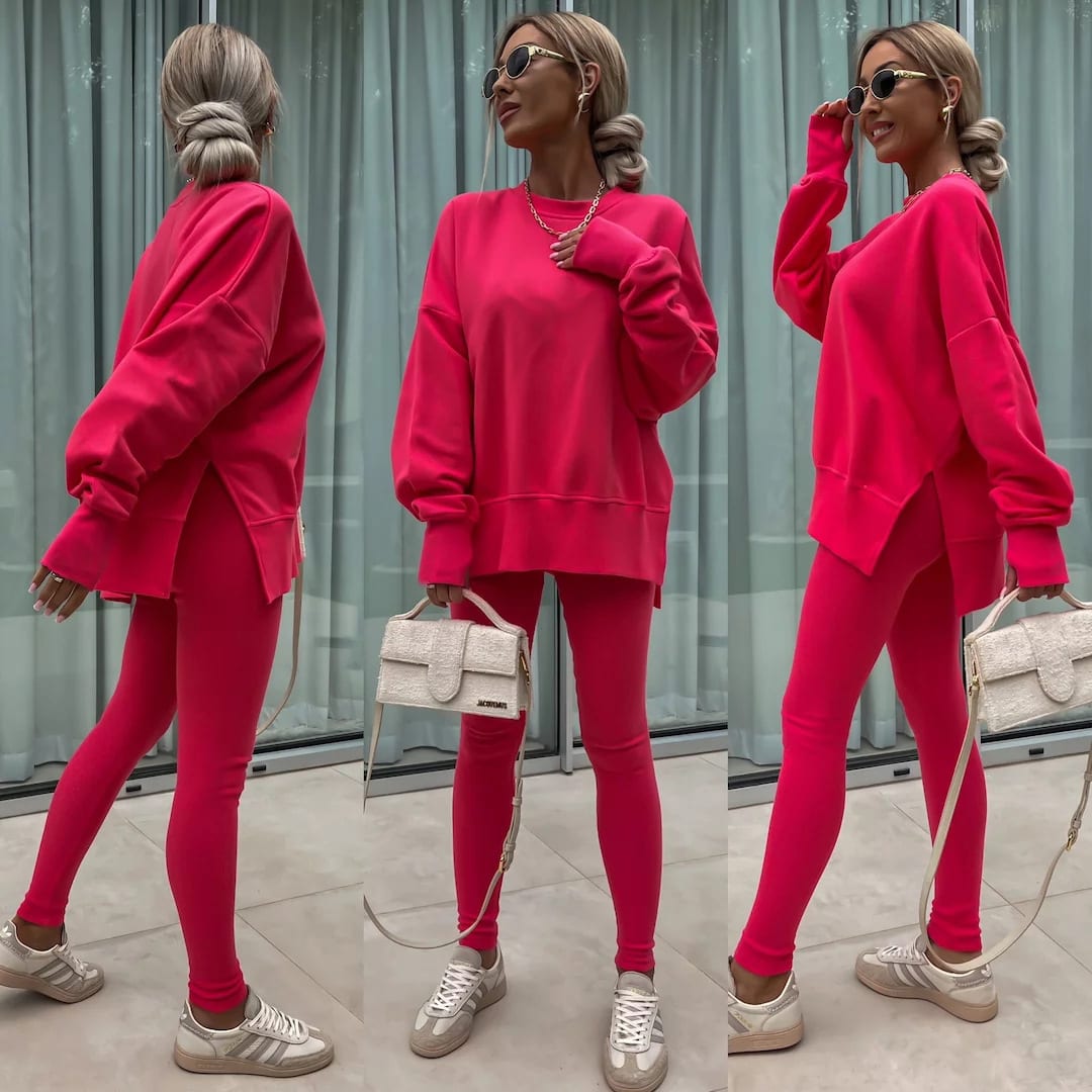 Sweater Suit Women's Casual Loose Long Sleeve Crew Neck Split Top Tight Trousers view 41
