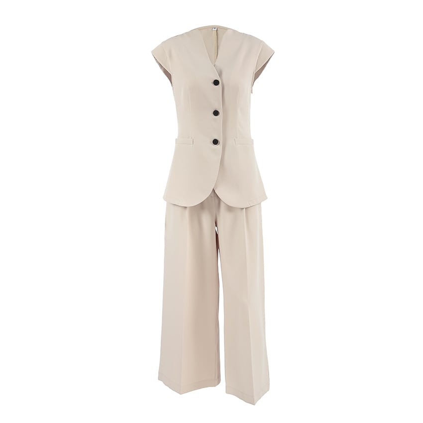 Khaki V-neck Sleeveless Vest High Waist Pants Suit view 3