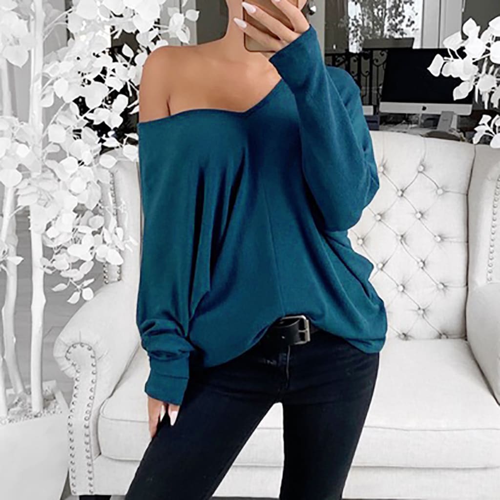 V-neck Lapsed Sleeves Loose Long-sleeved Top T-shirt For Women view 2