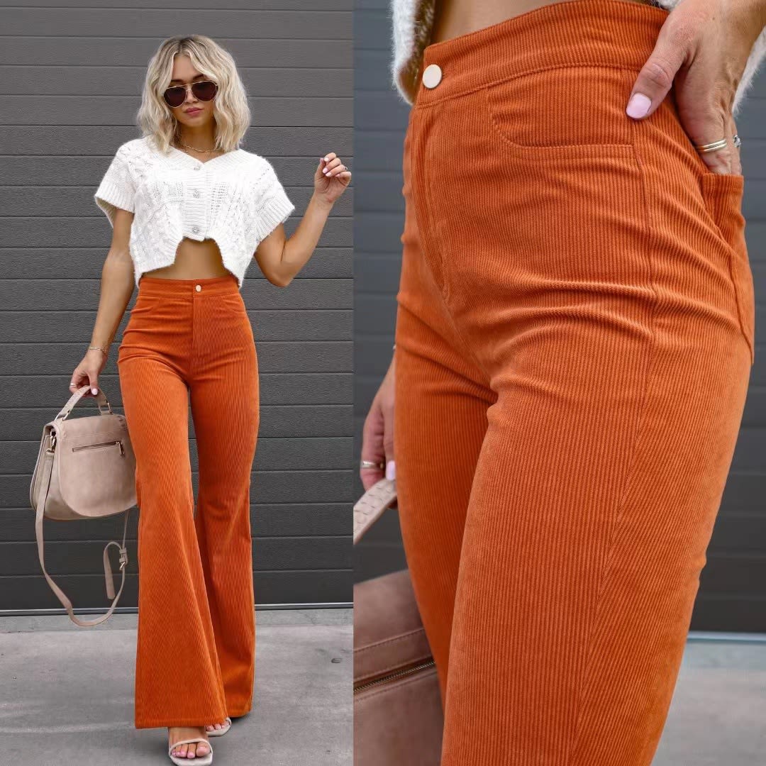 Solid Color Mid-waist Slim-fit Micro Flared Pants Corduroy view 3