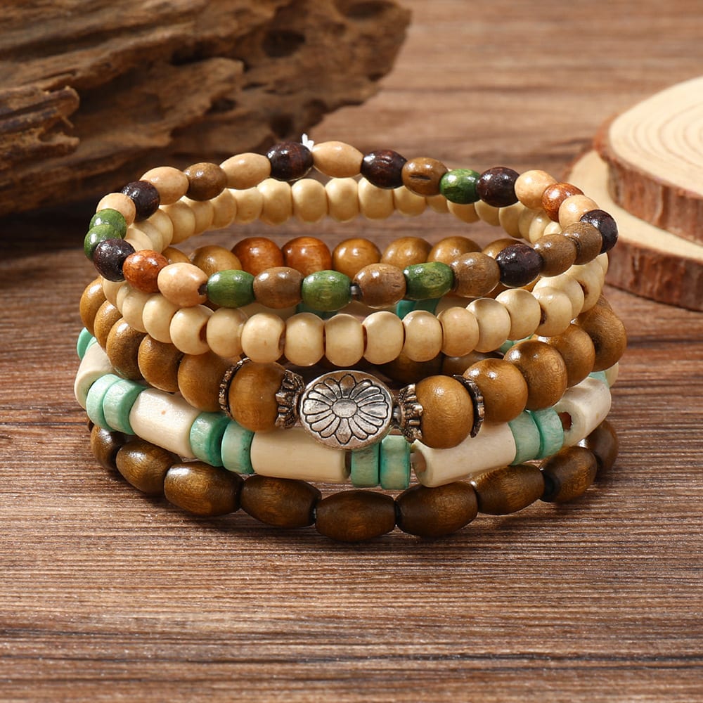 Colorful Wooden Bead Small Flower Filament Five-piece Bracelet view 3