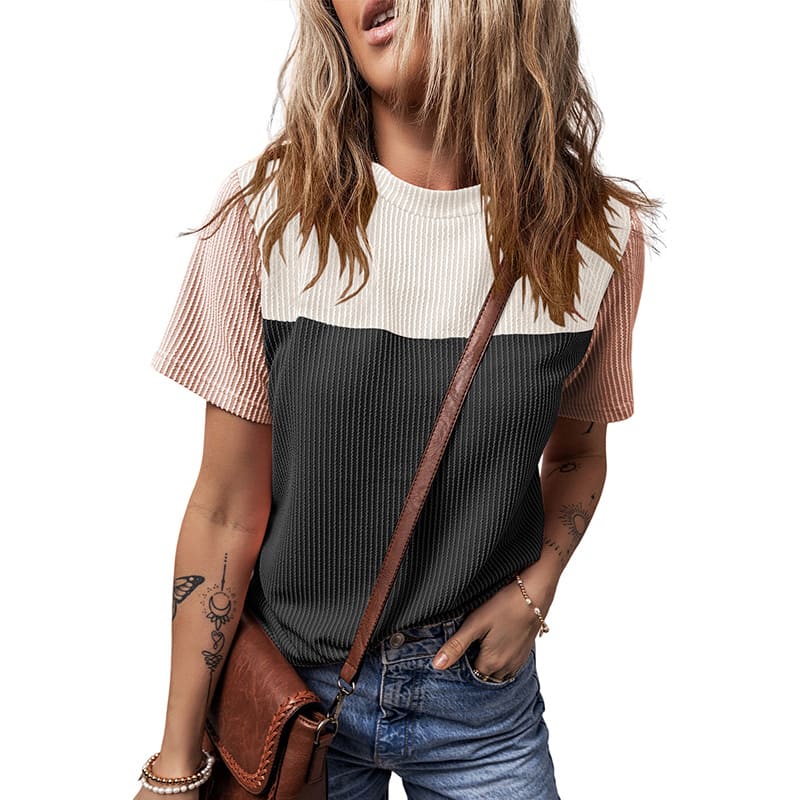 Color Matching Rib Short-sleeved T-shirt Round Neck Three-quarter Sleeve Top view 7
