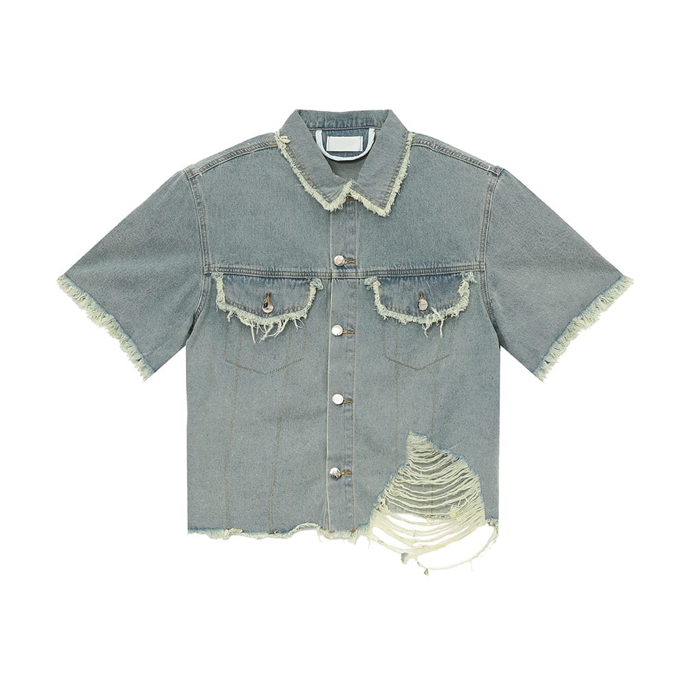 American Pu Shuai Burrs Tassels Broken Hole Design Denim Suit view 3