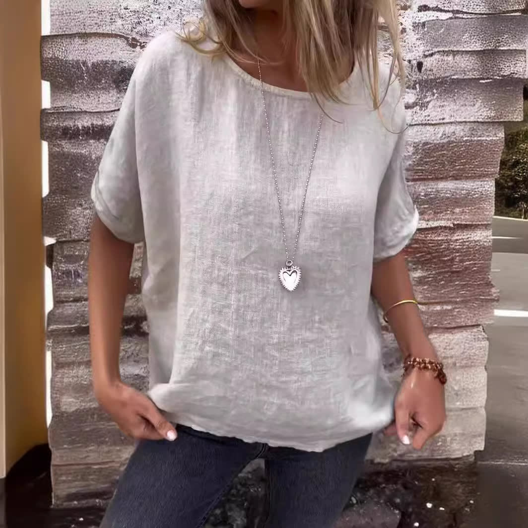 Women's Round Neck Long Sleeve Cotton And Linen Loose-fitting T-shirt Top view 6