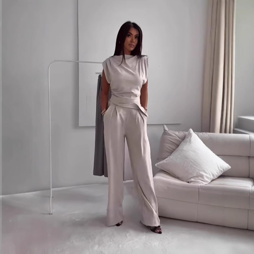 Women's Sleeveless Suit Fashion Slim Irregular Split Top And Straight Pants Solid Trouser Set view 2