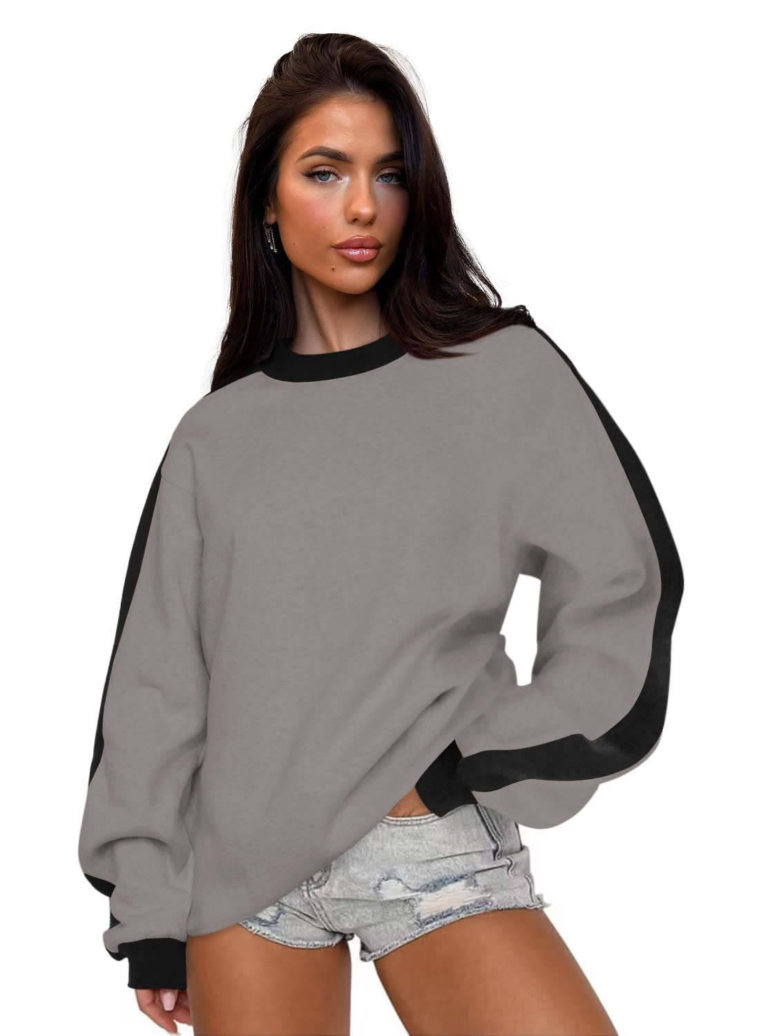 Women's Contrast Color Round Neck Loose Sweater Long-sleeved Top view 3
