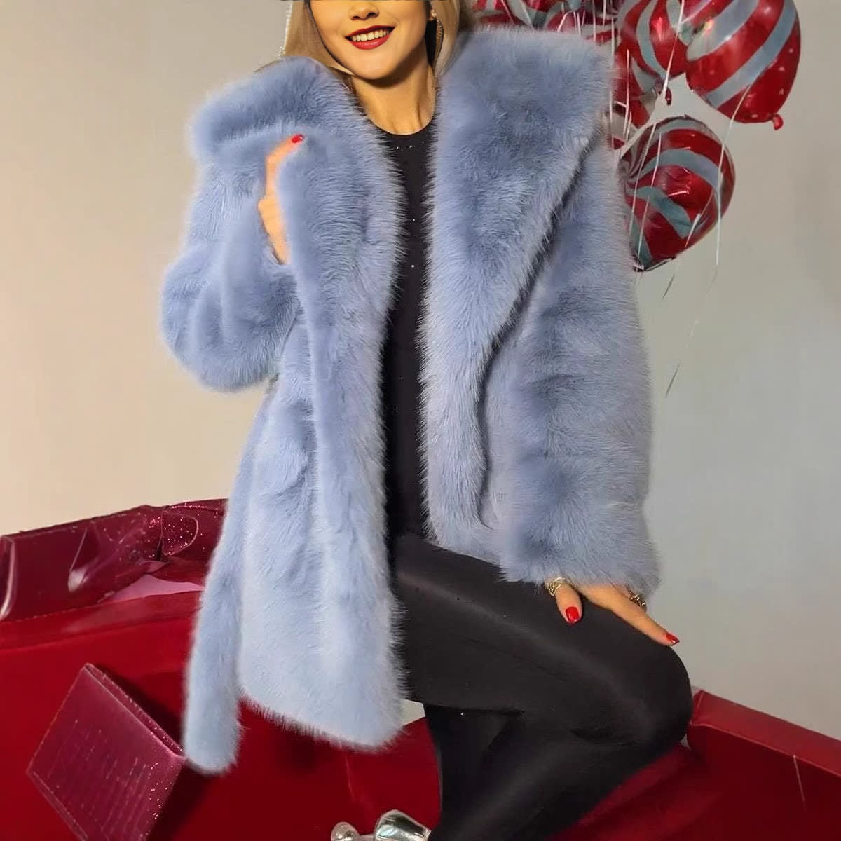 Autumn And Winter Elegant Hooded Strap Faux Fur Coat Women view 4