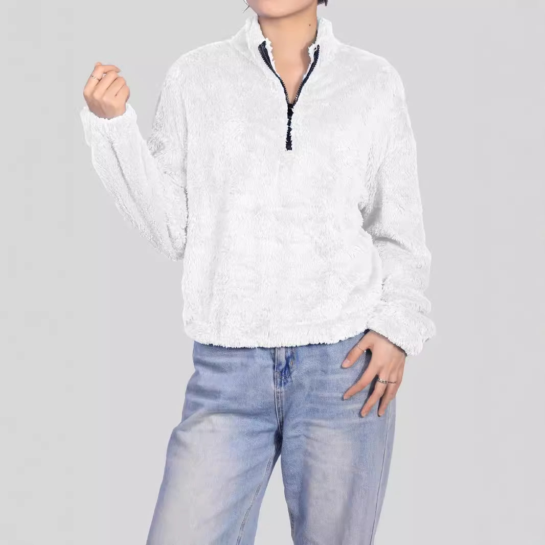 Thermal Half-high Collar Long Sleeves Zipper Design Loose Casual Top view 4