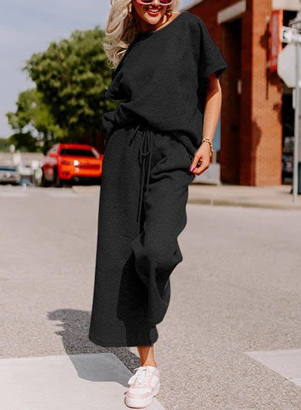 Solid Color Texture Casual Fashion Women's Wear Short-sleeved Trousers Two-piece Set view 11