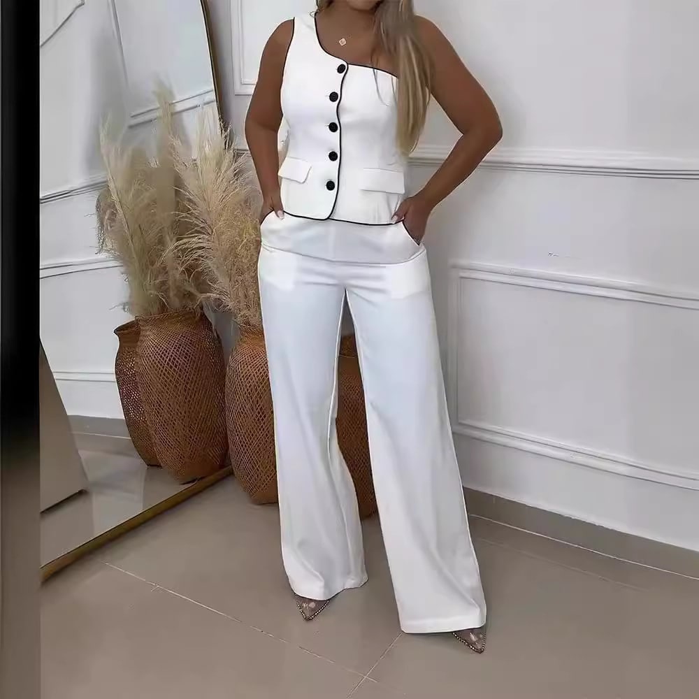 European And American Solid Color One-shoulder Sleeveless Single-breasted Top High Waist Slimming Wide Leg Pants Two-piece Set view 1