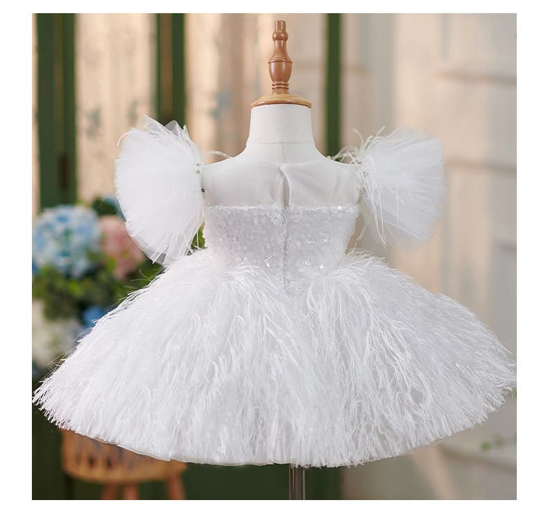 Girls Sequins White Flying Sleeves Feather Dress view 15