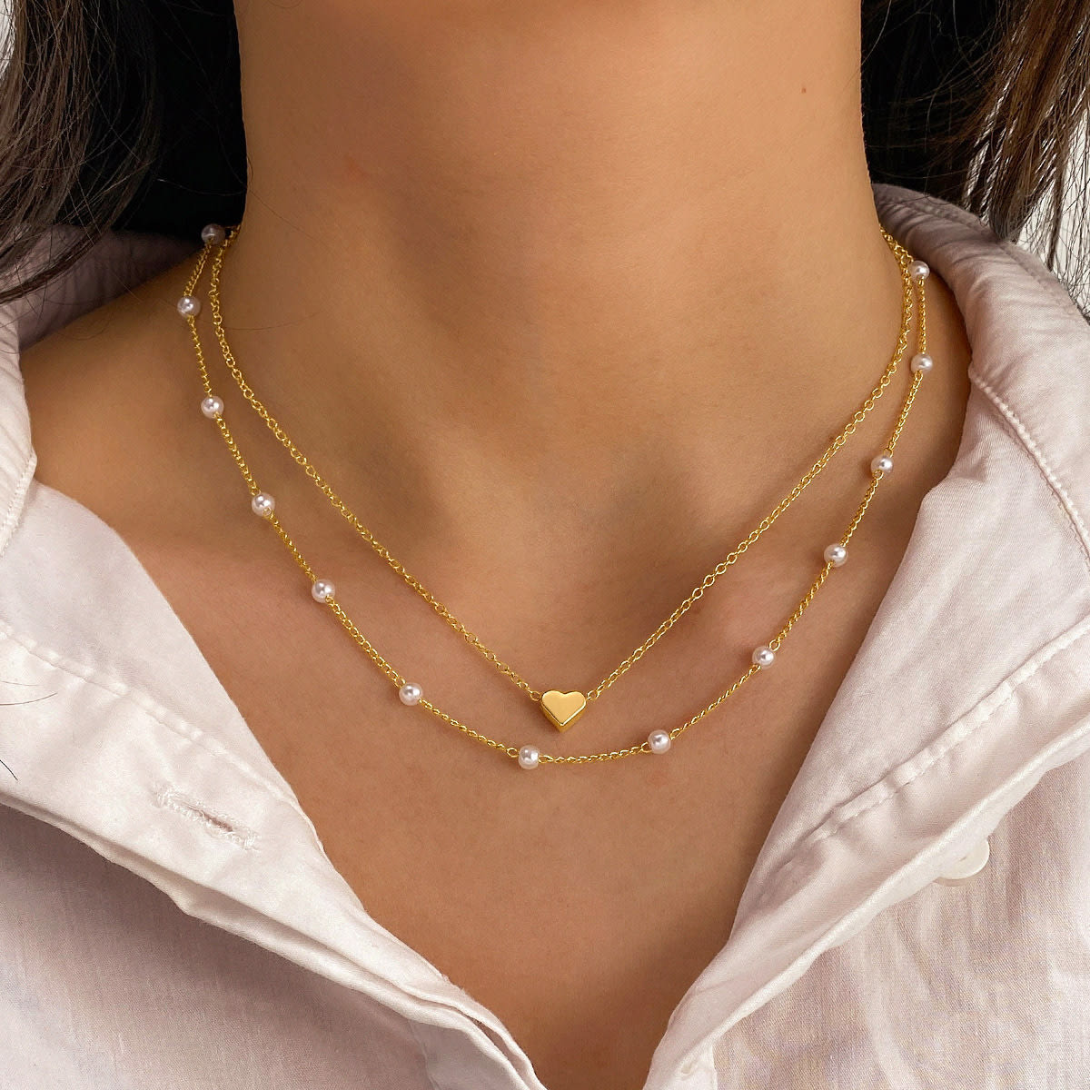 Fashion Jewelry Women's Pearl Tassel Pendant Double-layer Necklace Gold Pearl Necklace For Women view 4
