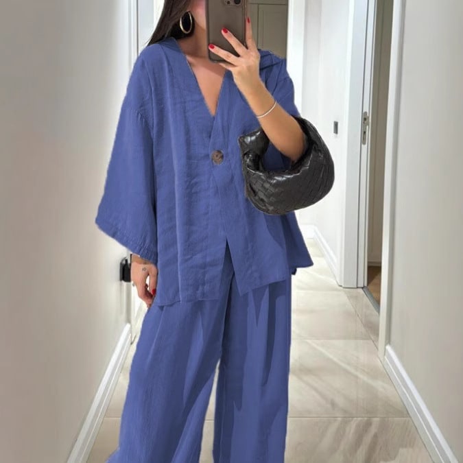 New Fashion Loose-fitting Women's V-neck Top And Wide Leg Pants Casual Suit view 5
