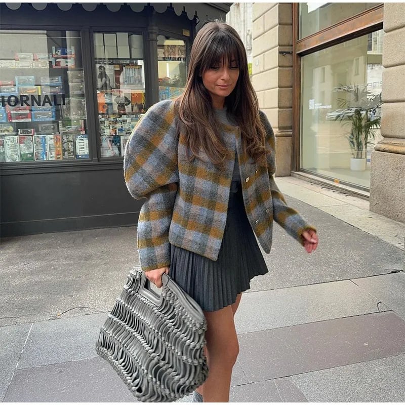 Women's Retro Contrast Color Check Coat view 2