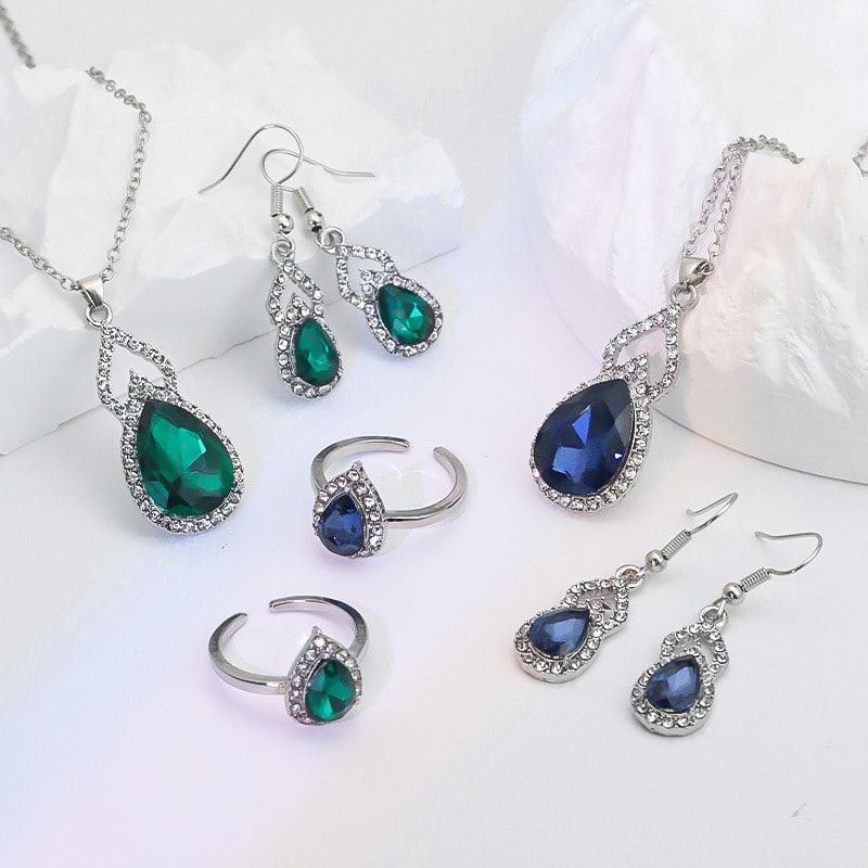 Light Luxury Zircon Necklace Earrings Open Ring Jewelry Suit view 2