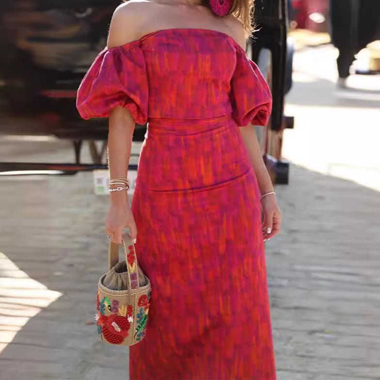 Elegant Bandeau One-shoulder Puff Sleeve Top Mid-length Dress Set Lightly Mature view 8