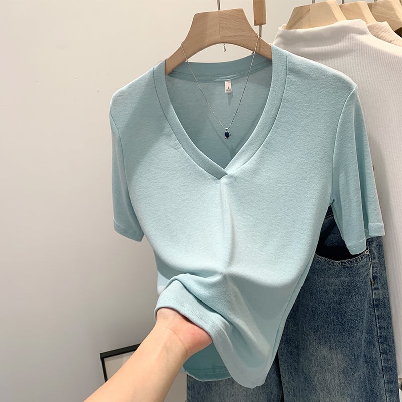 V-neck Shoulder Short-sleeved T-shirt Women's Fashion Small Top view 3