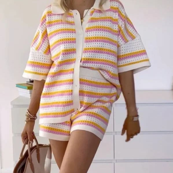 Contrast Color Top Lapel Shirt Striped Shorts Suit view 5