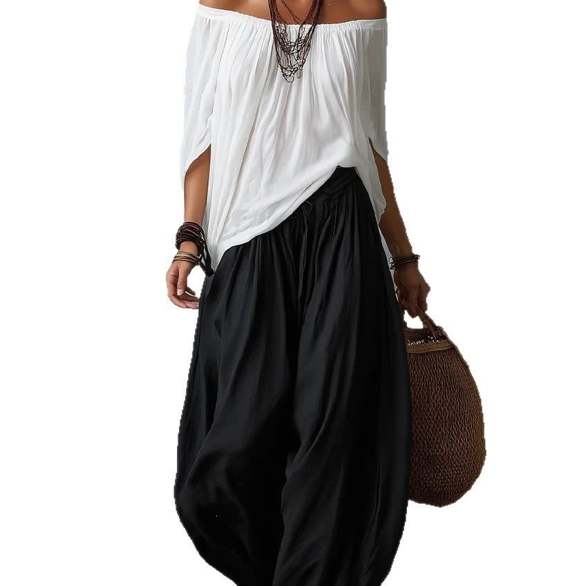 Women's Off-Shoulder Suit Long Sleeve Top And Flare Leg Pants Set - Loose Fit Casual Two Piece Outfit view 12