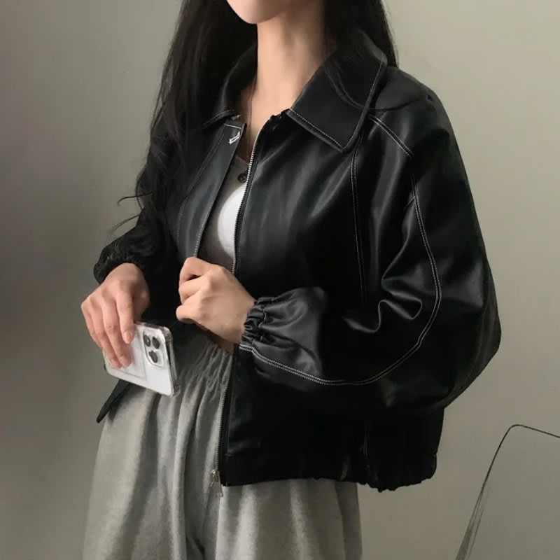 Fashion And Handsome Leather Coat Women view 6