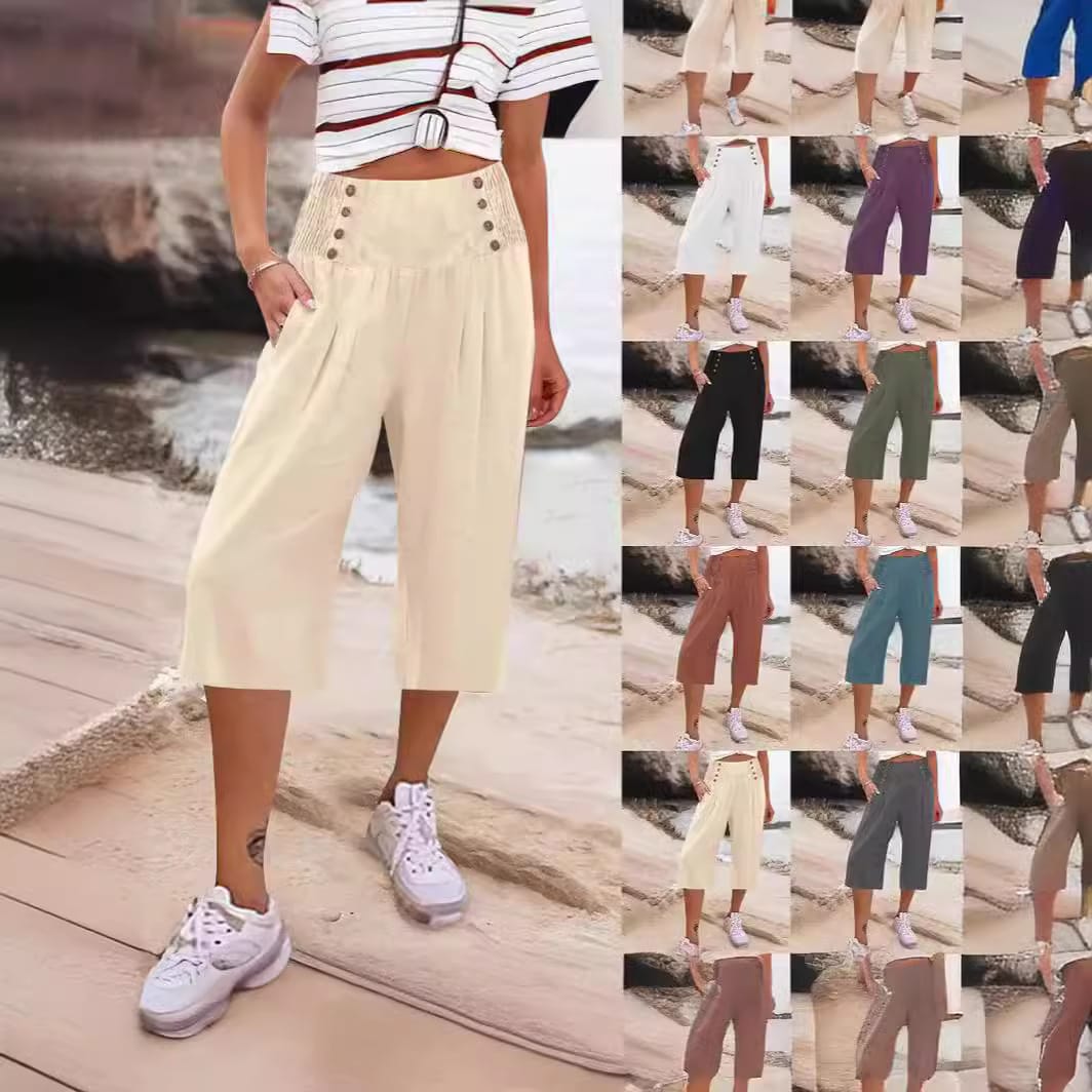 Women's Cotton And Linen Solid Color Buttons Loose Casual Cropped Pants view 11