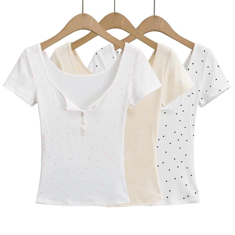 Sweet Girl Polka Dot Breasted Shoulder Short Sleeve Design Two-piece Set view 2