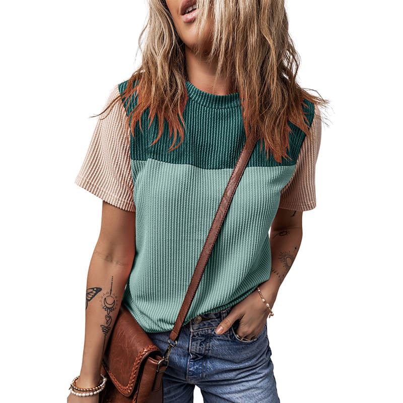 Color Matching Rib Short-sleeved T-shirt Round Neck Three-quarter Sleeve Top view 4