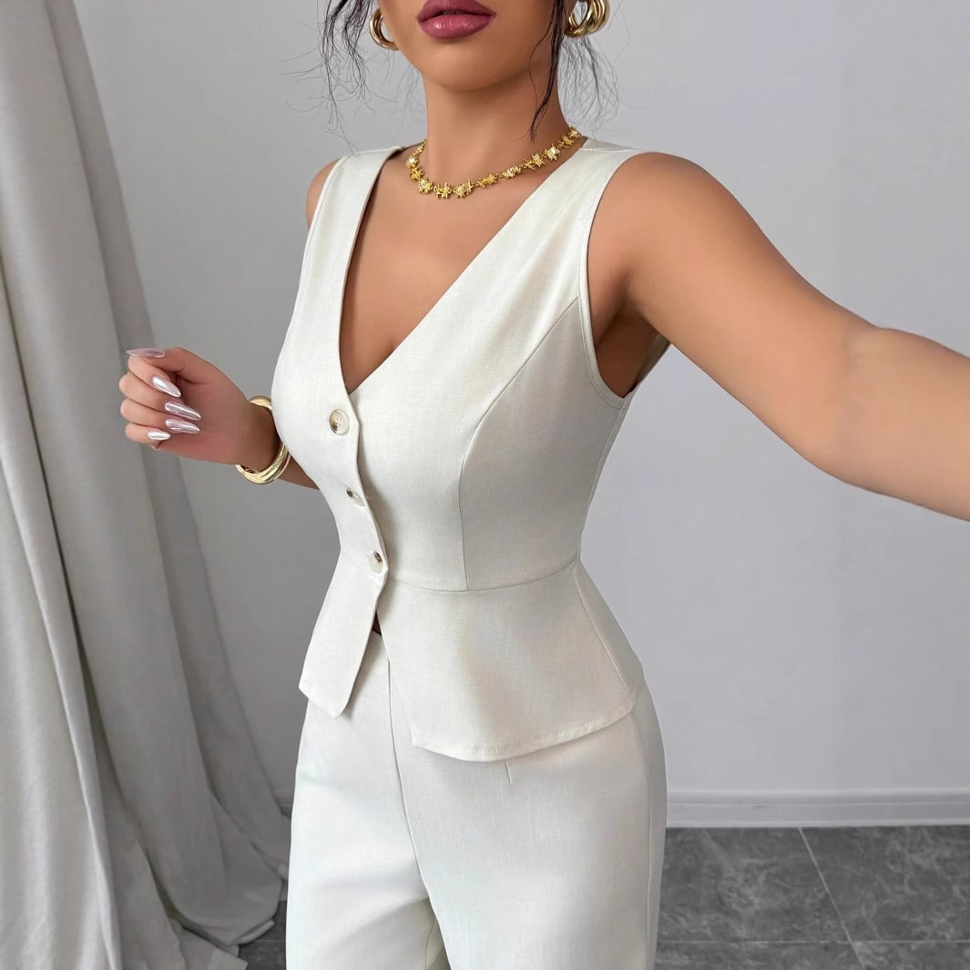 Summer Sleeveless Suit Slim V-neck Vest And High Waist Trousers Women's Two-piece Set view 3