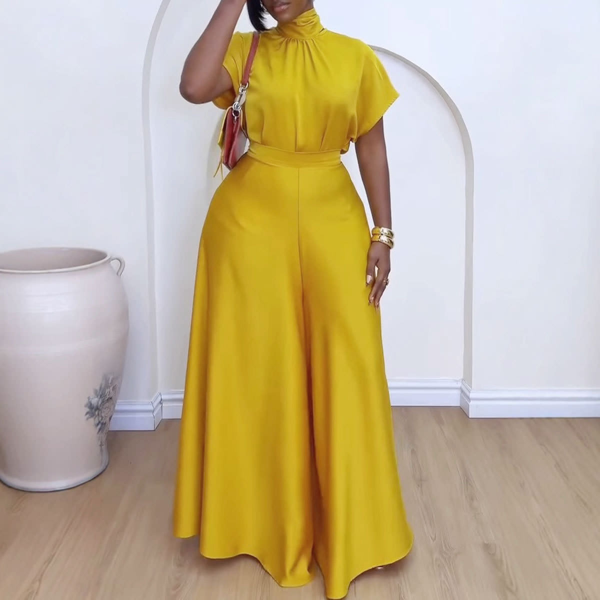 Satin Silky Strap Flounced Sleeve Wide Leg Two-piece Set view 7