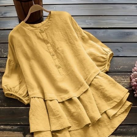Women's Solid Color Buttons Cotton And Linen Short Sleeve Mid-length Shirt view 3