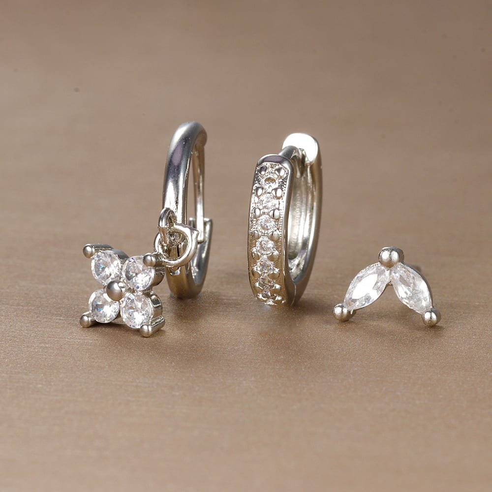 Flower Studded Diamond Stacked Earring Set view 13