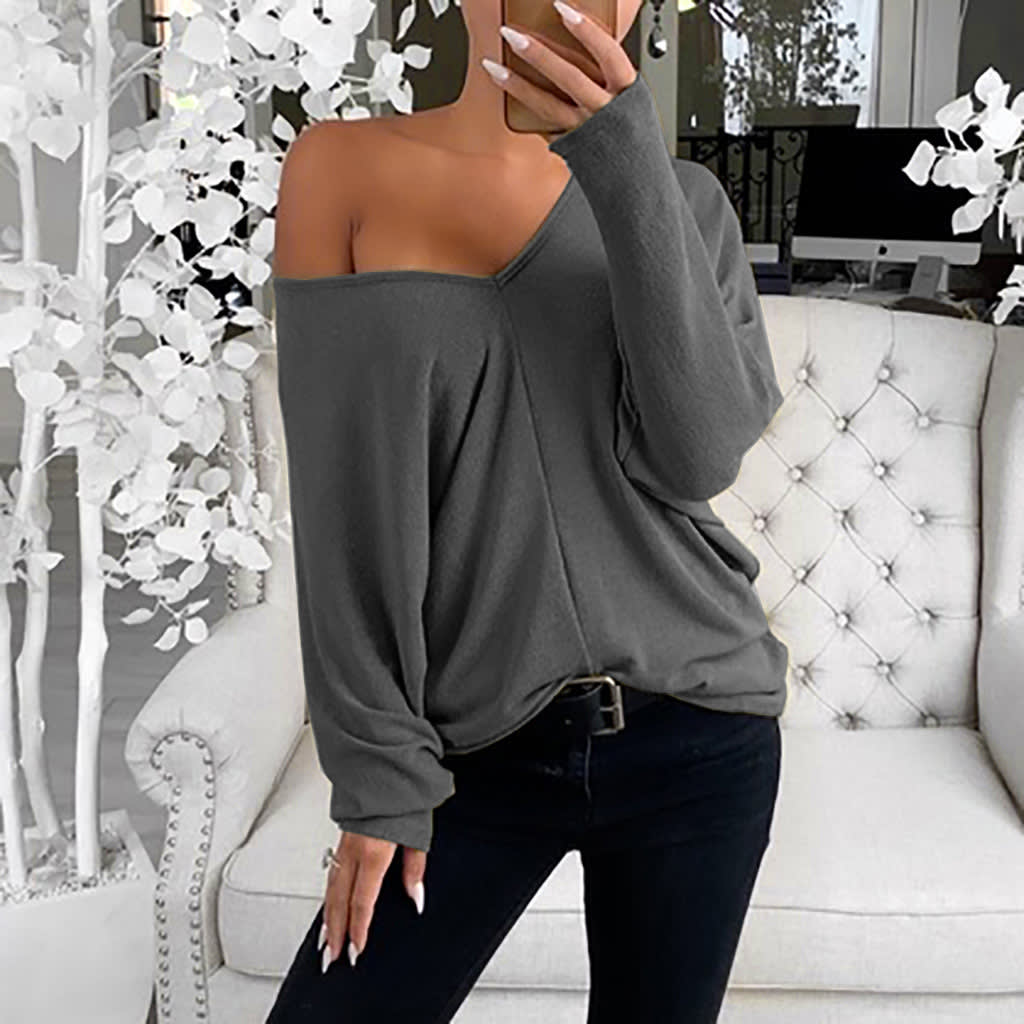 V-neck Lapsed Sleeves Loose Long-sleeved Top T-shirt For Women view 11