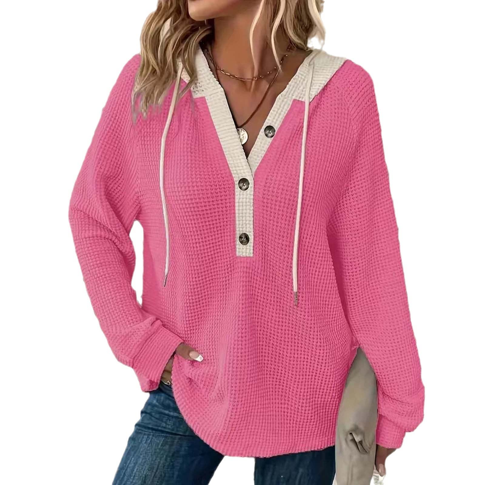 Women's Solid Color Waffle Hooded Button Loose Long Sleeve Sweatershirt view 3